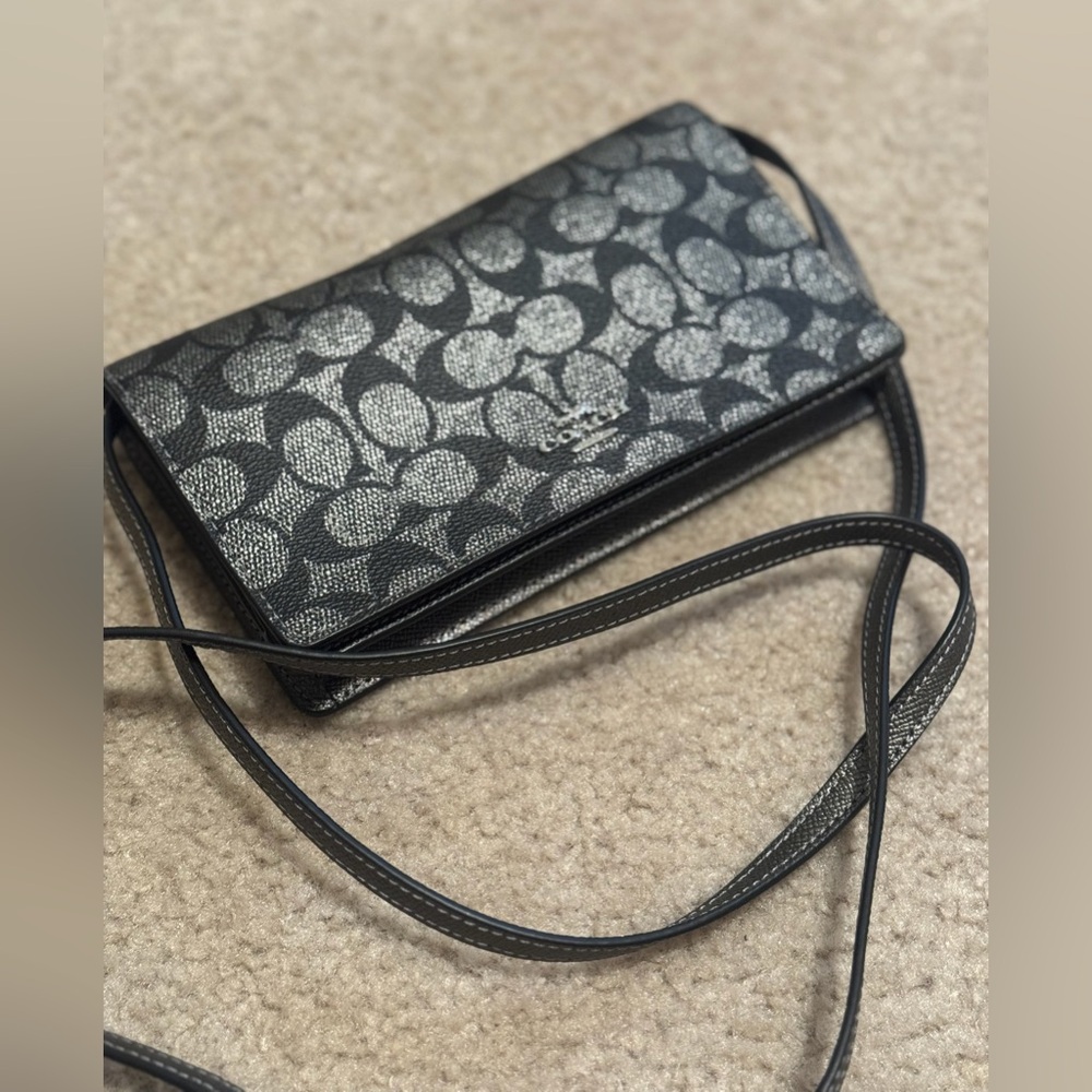 Coach Anna Foldover Crossbody Bag Signature Canvas Gunmetal Black Silver WOC